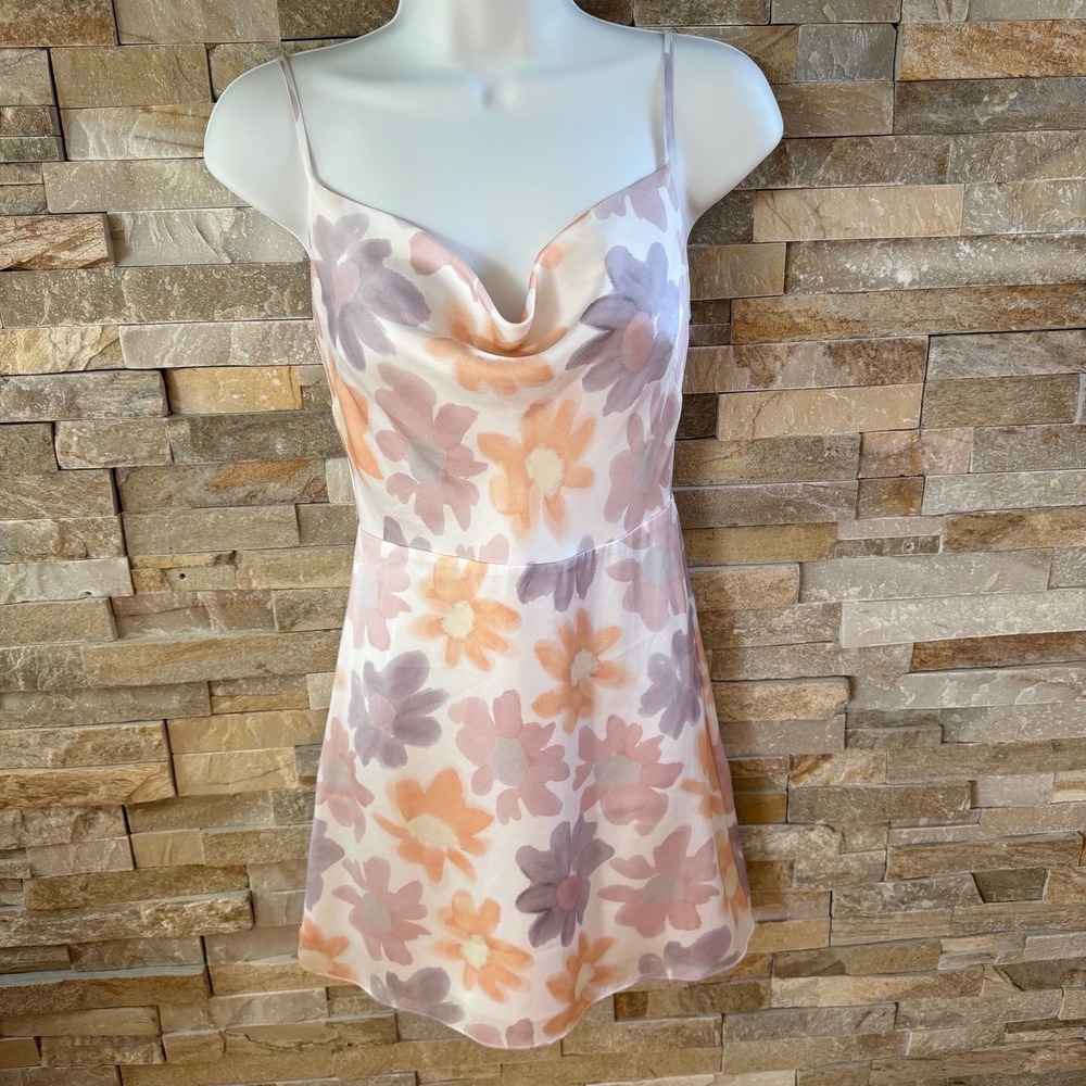 Sunday Best Aritzia Floral Cowl Neck Mini Dress XS Pastel Lavender Peach Satin